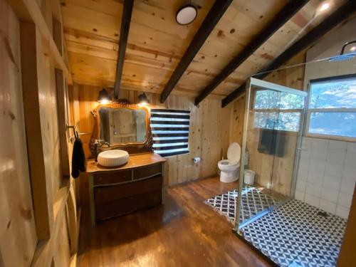 クリルにあるKari Hillcabinsのシャワー、洗面台、鏡を備えたバスルーム