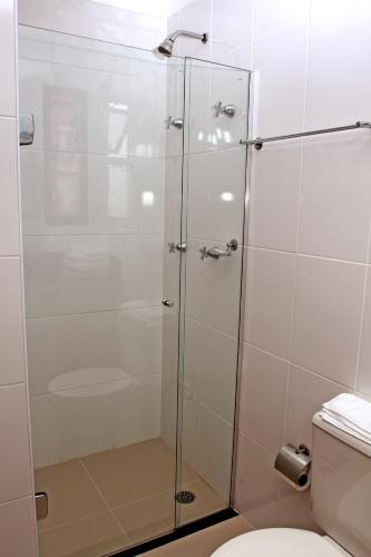 a shower stall in a bathroom with a toilet at JF Hotel Nova Aliança in Ribeirão Preto