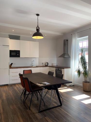 バート・ヴィルドゥンゲンにあるVilla Alexandra 1897 Wohnung Vilmaのテーブルと椅子のあるキッチンとダイニングルーム