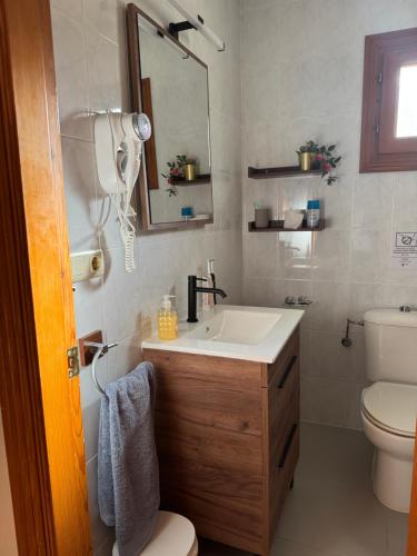 ein Badezimmer mit Waschbecken, Toilette und Spiegel in der Unterkunft Casa Elena Vera in Playas de Vera