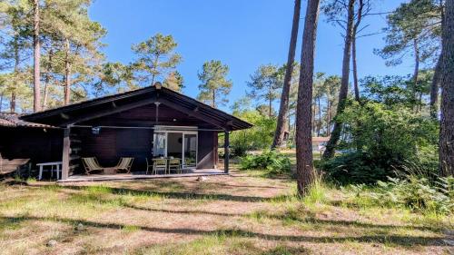 une cabine dans les bois avec 2 chaises et une terrasse couverte dans l'établissement La Petite Maison dans la Pinède, à Lacanau