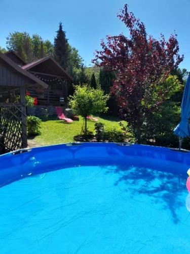 a large blue swimming pool in a yard at DOMEK Łapalice Kaszuby in Łapalice