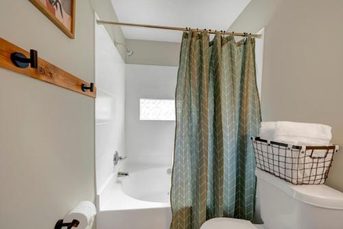 a bathroom with a shower curtain and a toilet at The Nestle 3-Bed 2-Bath Chapin - Near Lake Murray in Chapin