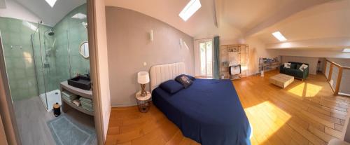 una camera con letto e doccia in una stanza di Magnifique maison climatisée en pierre a Narbonne