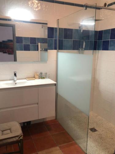 une salle de bain avec un lavabo et une douche dans l'établissement Appartement de location meublé F3 au premier étage, à Banyuls-sur-Mer