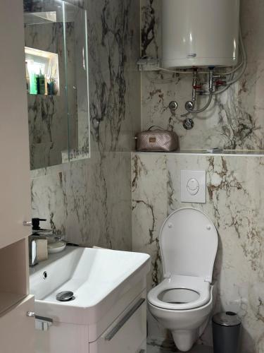 a white bathroom with a toilet and a sink at Island house MARTA in Koločep