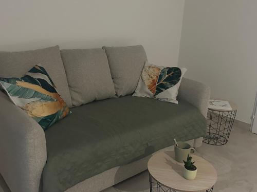 un canapé avec des coussins dessus dans un salon dans l'établissement L'évasion, à Martainneville