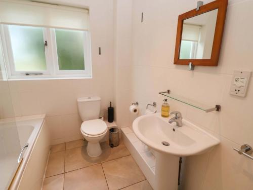a bathroom with a sink and a toilet and a mirror at Seadrift in Westleton