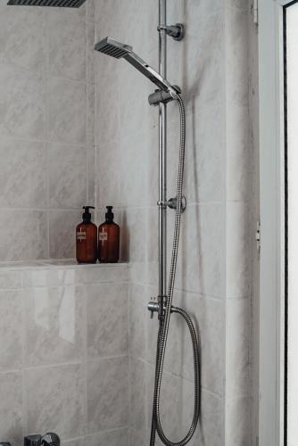 a shower in a bathroom with two bottles of soap at Ferienwohnung Klinikblick in Plauen