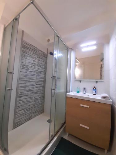 une salle de bain avec douche et lavabo dans l'établissement Port Horizon - T3 terrasse vue port climatisé piscine WIFI résidence Escale Port, au Grau-du-Roi