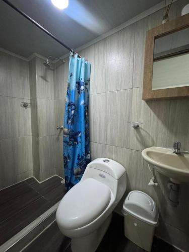 a bathroom with a toilet and a sink and a shower at Hotel Cañaveral Plaza 2 in Manizales