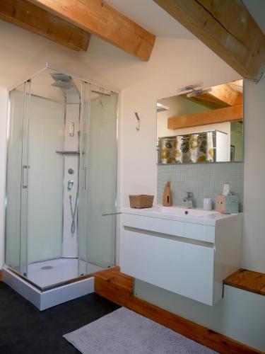 une salle de bain avec douche et lavabo dans l'établissement Le Séchoir de Saint Vincent, à Saint-Vincent-le-Paluel