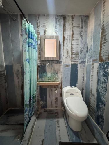 a bathroom with a toilet and a sink and a mirror at Hotel Cañaveral Plaza 2 in Manizales