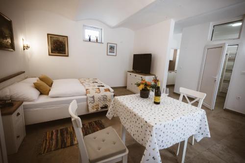 a small room with a bed and a table and a bed and a television at Chonky Cat in Moravske Toplice