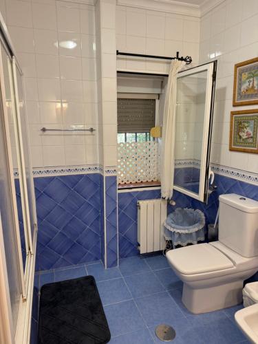 ein blau gefliestes Bad mit einem WC und einem Spiegel in der Unterkunft Finca Jaralta de Carmen in La Puebla de los Infantes