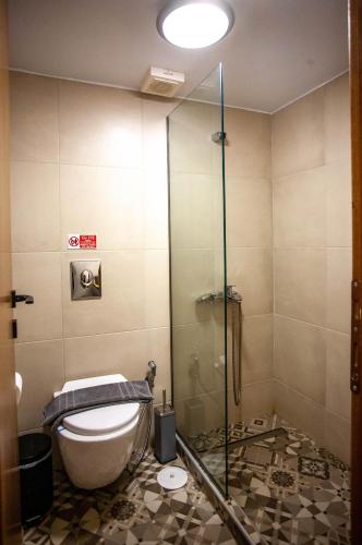 a bathroom with a toilet and a glass shower at AZOGIRE Resort in Azoyirés