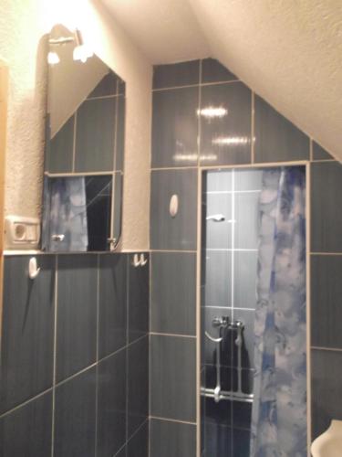 a bathroom with a shower with black tile at Guest House Kavedžić in Žabljak