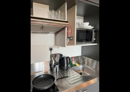 Una pequeña cocina con fregadero y estufa. en London Central Studio Apartment, en Londres