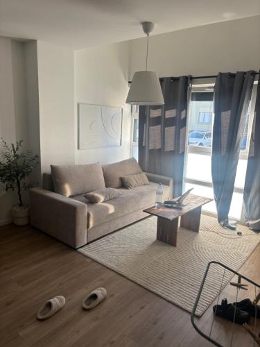 un salon avec un canapé et une table basse dans l'établissement Studio lumineux 45m2, à Veigy-Foncenex