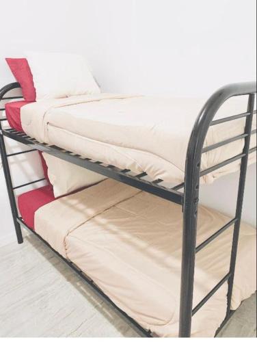 a couple of bunk beds sitting on a metal bunk bed at The Hollywood Hostel - Free Breakfast Waffles - Early and Late Check OK! Women Rooms - Men Rooms - Long Term OK in Hallandale Beach