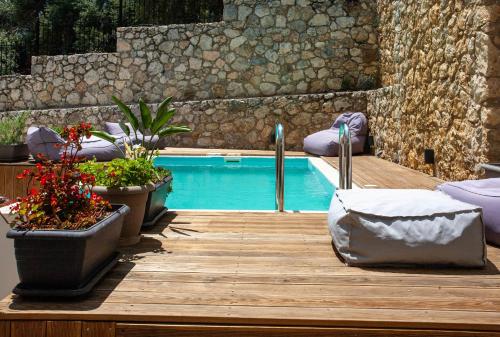 a swimming pool with potted plants on a wooden deck at AZOGIRE Resort in Azoyirés