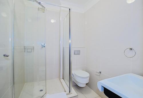 a bathroom with a shower and a toilet and a sink at Albatross Guest House Bantry Bay in Cape Town
