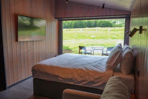 a bedroom with a bed and a large window at Ginger Cabins in Žabljak