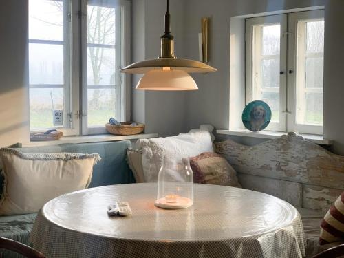 un salon avec une table et un canapé dans l'établissement Protected Gem By Glænø's Verdant Woods, à Skælskør