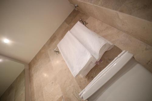 a towel hanging on a towel rack in a bathroom at Hotel Montetaxco in Taxco de Alarcón