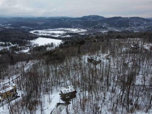 an aerial view of a snow covered field with trees at Mountain View Retreat with Private Hot Tub & Pool in La Conception