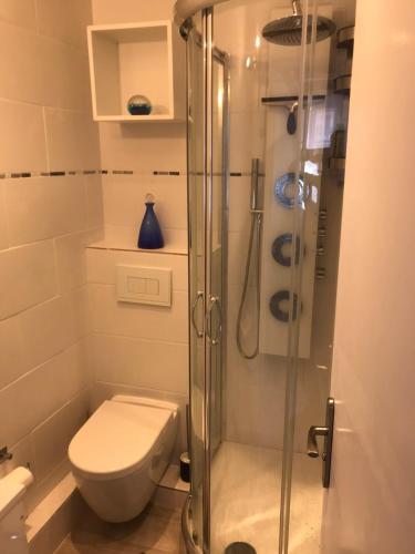 une salle de bain avec toilettes et douche en verre dans l'établissement La petite oasis, newly renovated, à Toulon