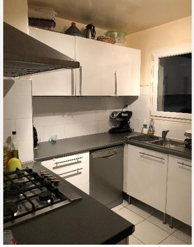 une cuisine avec des armoires blanches et un four à plaques de cuisson dans l'établissement Bel appartement à Paris, à Paris