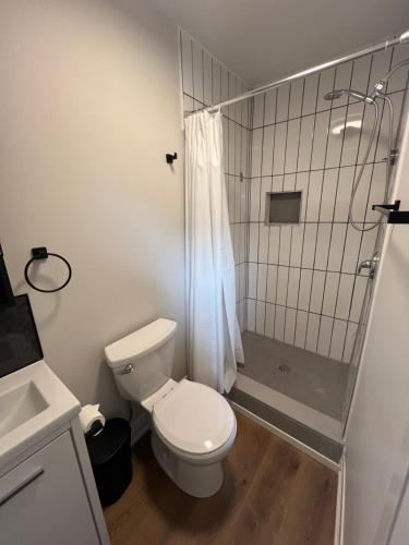 a bathroom with a toilet and a shower at Adrian's Suites 2 Bedroom Family Suite in Wasaga Beach