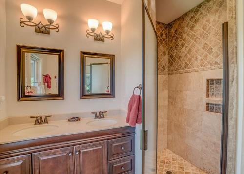 a bathroom with a sink and a shower at Pet-Friendly Getaway With Spectacular Mountain View in Saluda