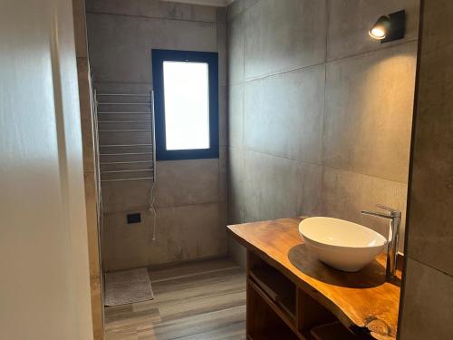 a bathroom with a sink and a window at La Viña del Salado in General Belgrano