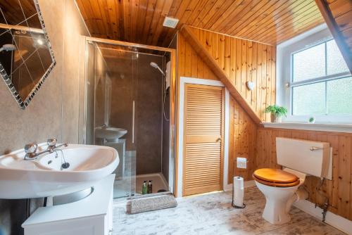 a bathroom with a sink and a toilet and a shower at Traditional Highland Cottage Near Loch Ness in Drumnadrochit