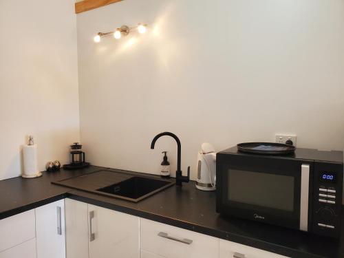 a kitchen counter with a microwave and a sink at Tongariro Estate in National Park