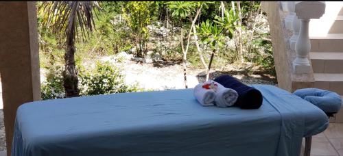 a blue bed with two dolls on top of it at Sommerville Resorts in Negril