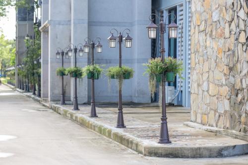 a row of lights with potted plants on a street at Wonderland Suites and Resort in Sihanoukville
