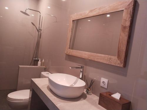 a bathroom with a sink and a toilet and a mirror at Nyuh Bali Guest House in Denpasar