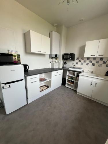 une cuisine avec des armoires blanches et un comptoir noir dans l'établissement Petit coin de verdure au cœur de vitry, à Vitry-le-François
