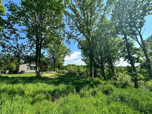 a field with trees and a barn in the background at Elevated House With Tremendous View Near Horsens in Odder
