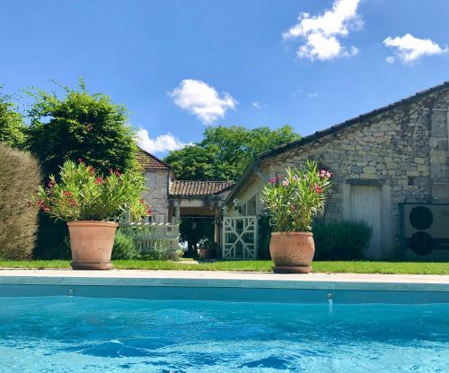 une maison avec deux plantes en pot à côté d'une piscine dans l'établissement Stone Manor House In Quercy, à Belvèze