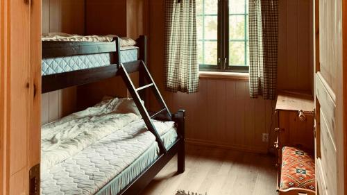 a bedroom with two bunk beds and a window at Countryside Cabin With Jacuzzi Near Stryn in Sølberg