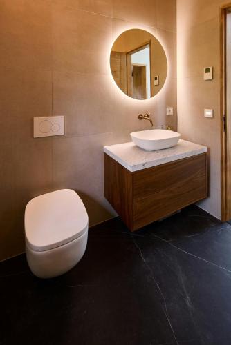 une salle de bain avec un lavabo, des toilettes et un miroir dans l'établissement Restored French Estate In Medieval Lauzerte, à Montagudet