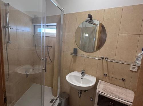 a bathroom with a sink and a shower with a mirror at Apartment Centar in Ploče
