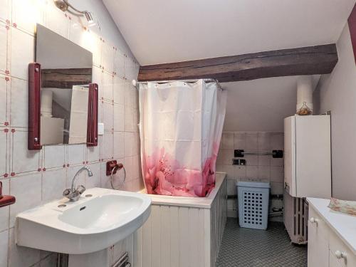 a bathroom with a sink and a shower curtain at Gîtes chaleureux près de Luxeuil, jardin commun - FR-1-583-472 in Vauvillers