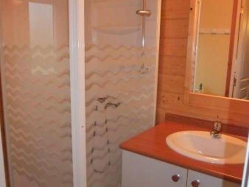a bathroom with a sink and a shower at Chalet Édelweiss 35 en lisière de forêt, calme et nature - FR-1-583-444 in Mélisey