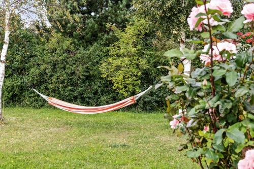 a hammock in a garden with pink roses at Island Life Gem With All Heart Desires in Kragenæs