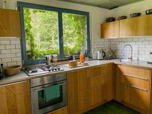 una cucina con piano cottura e finestra di Charmning Cottage At The Edge Of The Uckermark a Grambow